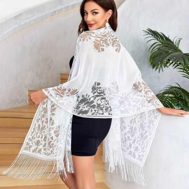 K765 Cross-border new summer Malaysia solid color lace hollow tassel long gauze shawl scarf hijab women