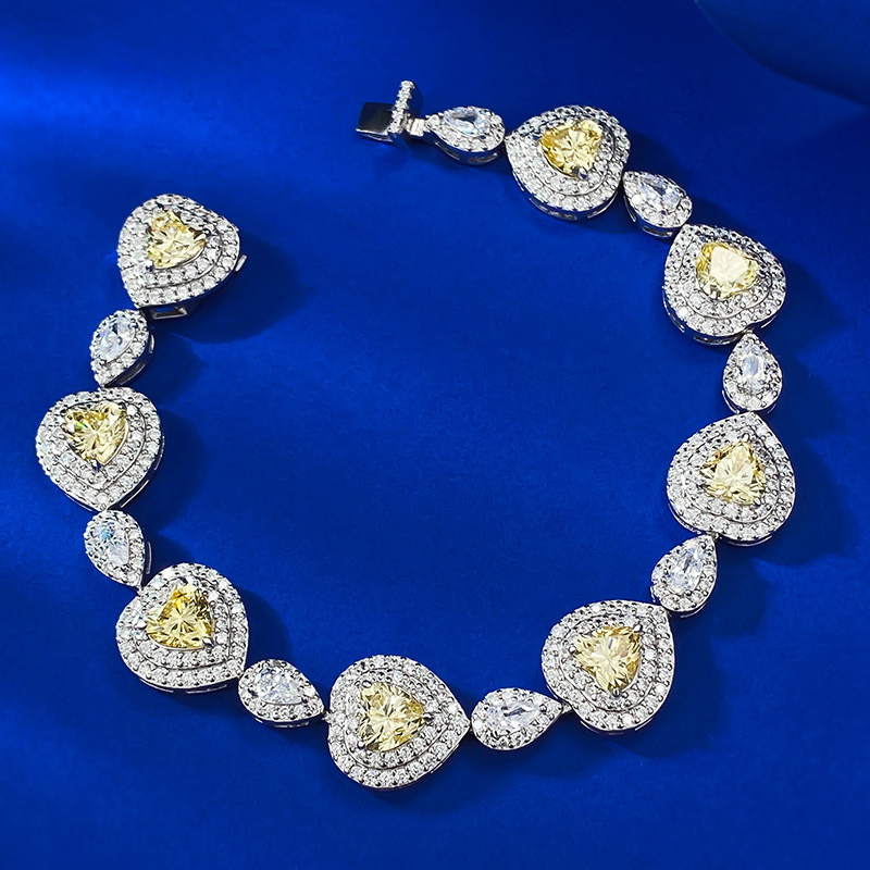 S925 Silver Heart-Shaped Yellow Diamond Bracelet for Women, Full Diamond Luxury Design, Elegant Gift for Her