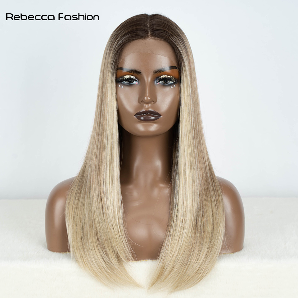 Rebecca Fashion Synthetic Front Wigs For Women Straight 22 inches Bob Ombre Brown Blonde White Lace Easy Wear Cosplay Wig