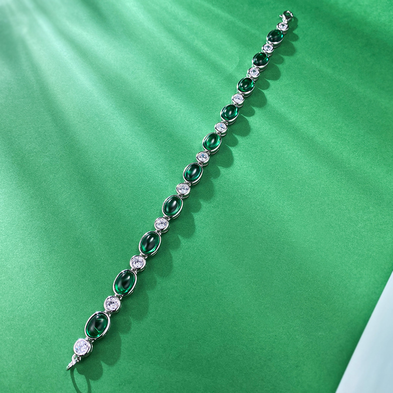 New 925 Sterling Silver Imitation Emerald 6x8mm Chalcedony Zircon Bracelet, Classic Stylish Elegant Jewelry for Daily Wear