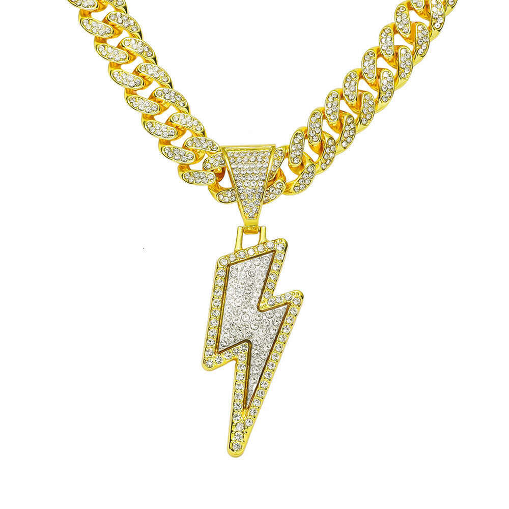 Bold Hip hop Alloy Necklace with Lightning Rhinestone Pendant Unisex Cuban Link Chain Jewelry for Men & Women Trendy Street wear Accessories