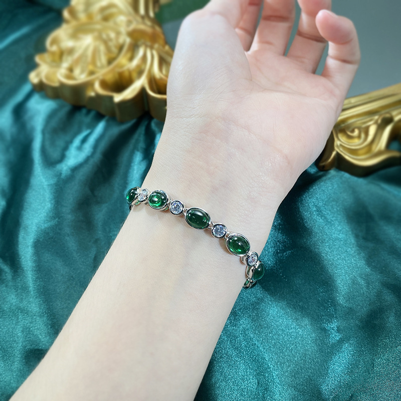 New 925 Sterling Silver Imitation Emerald 6x8mm Chalcedony Zircon Bracelet, Classic Stylish Elegant Jewelry for Daily Wear