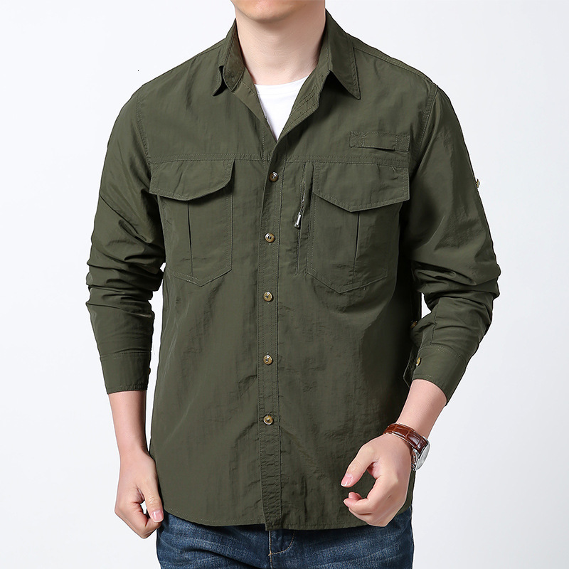 New spring 2025 quick drying long sleeved shirt with multiple pocket sleeves that can be rolled up for functional tactics 241209