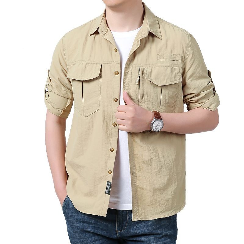New spring 2025 quick drying long sleeved shirt with multiple pocket sleeves that can be rolled up for functional tactics 241209