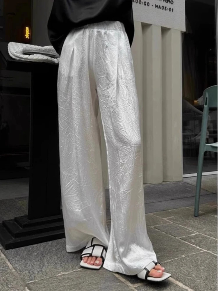 Pleated Pants Triacetic Acid Satin Wide-leg Pants Womens Early Spring White Satin Pants Drape Ice Silk women 250517