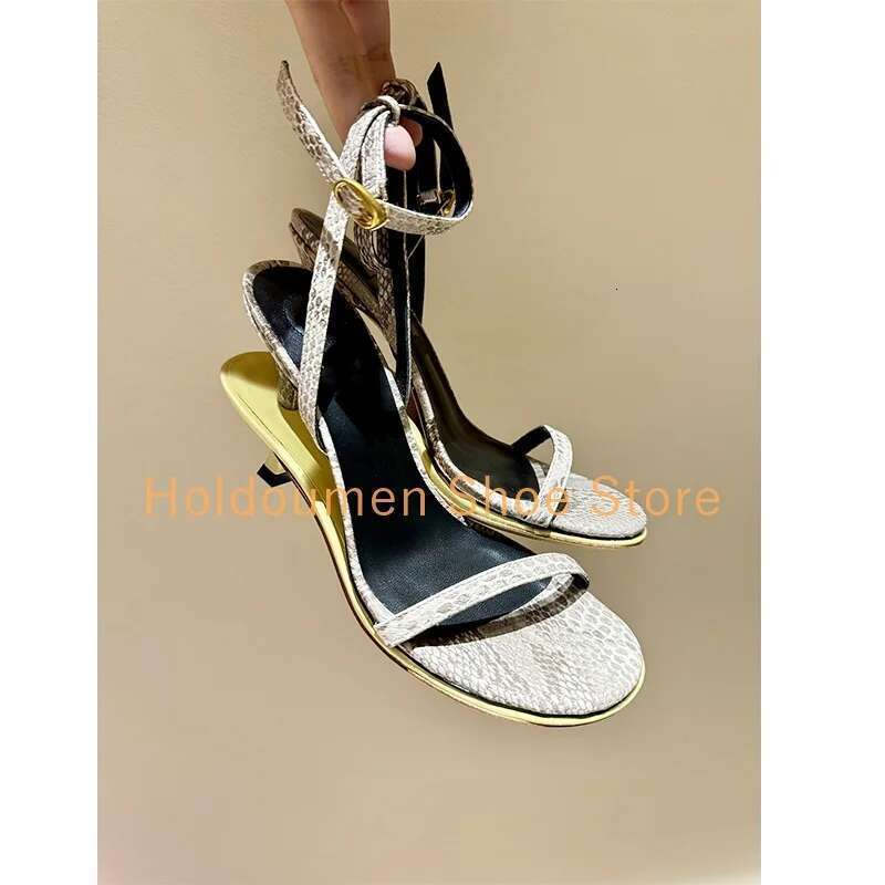 Personality Double Sole Patchwork Women High Heels Strange Style Kitten Heel Ankle Buckle Sandals Sexy Peep Toe Genuine Leather