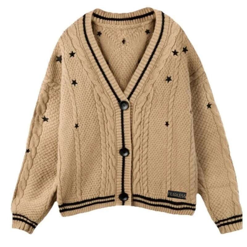 Oversized Warm Y2k Knitted Fearless Khaki 2025 Autumn Sweaters For Women Trend Loose Fit V-Neck Cardigan Mujer