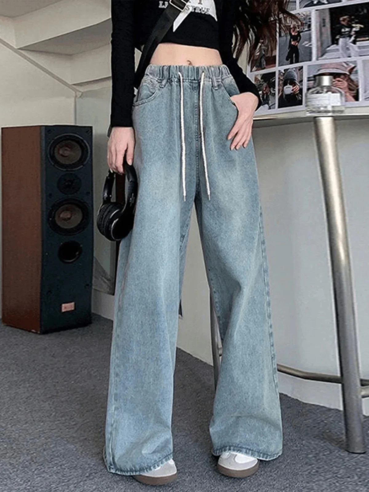Botvotee Elastic Waist High Wide Leg Jeans for Women Loose Straight Blue Long Denim Pants Female Fashion Streetwear 250513Z