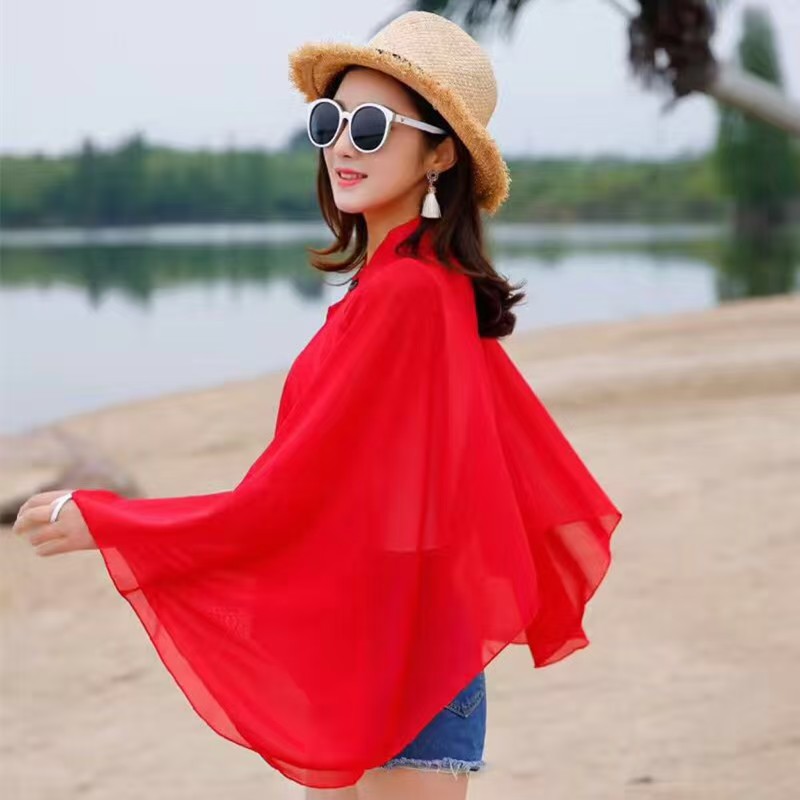 K769 Foreign Trade 2024 Cross-border New Style Solid Color Wind Outer Dress Button Chiffon Sunscreen Women's Fashion Travel Shawl Live Broadcast
