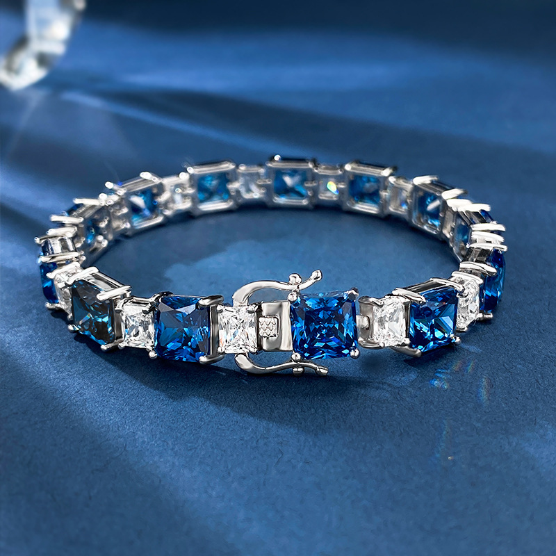 New 925 Sterling Silver Fashion Blue Simulated Diamond Bracelet for Women Elegant Ice Flower Design Luxury Gift Choice