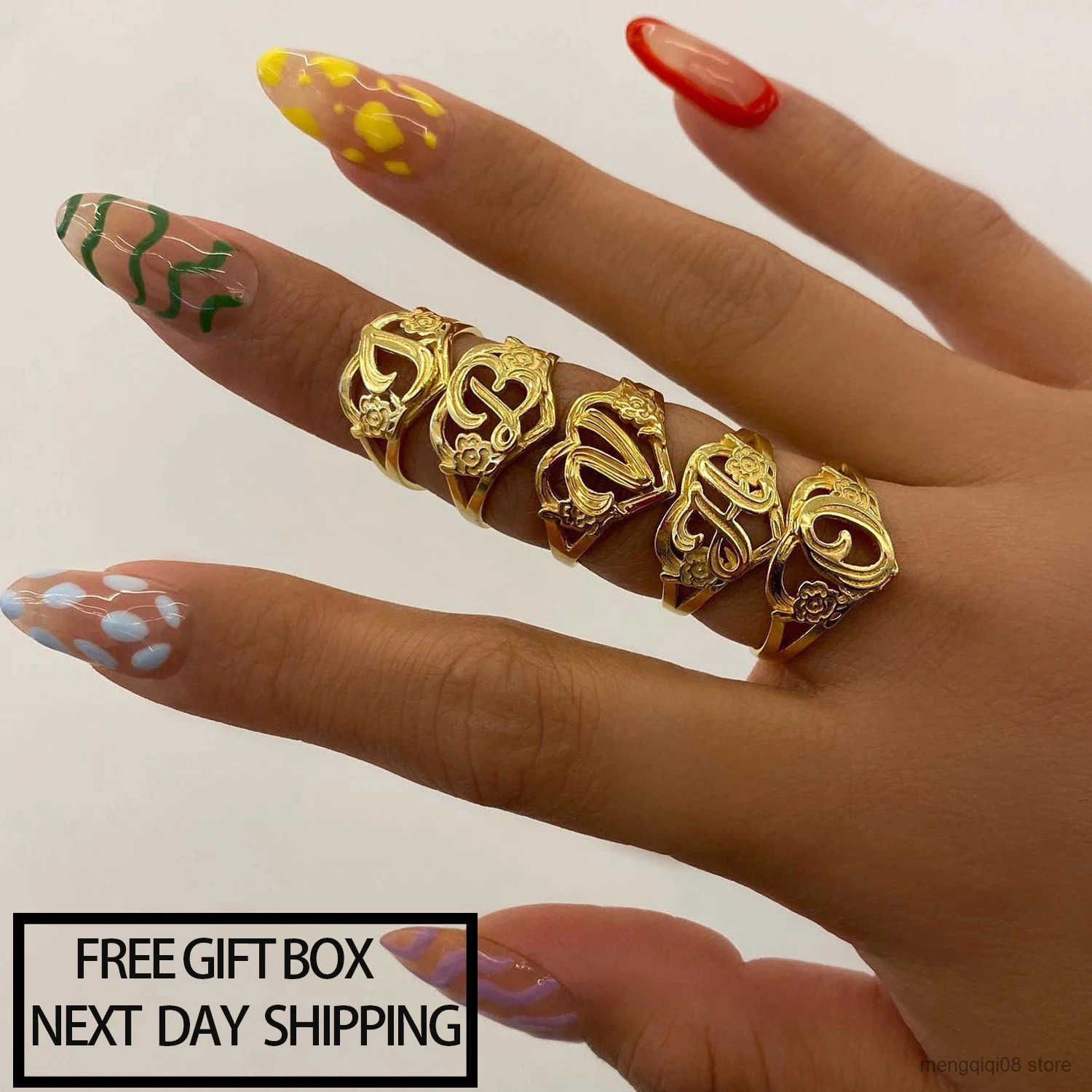 Qitian Gold Initials Heart Letter Ring For Women Fashion Hip Hop Jewelry Personized Adjustable Letter Rings Mothers Day Gifts L250519