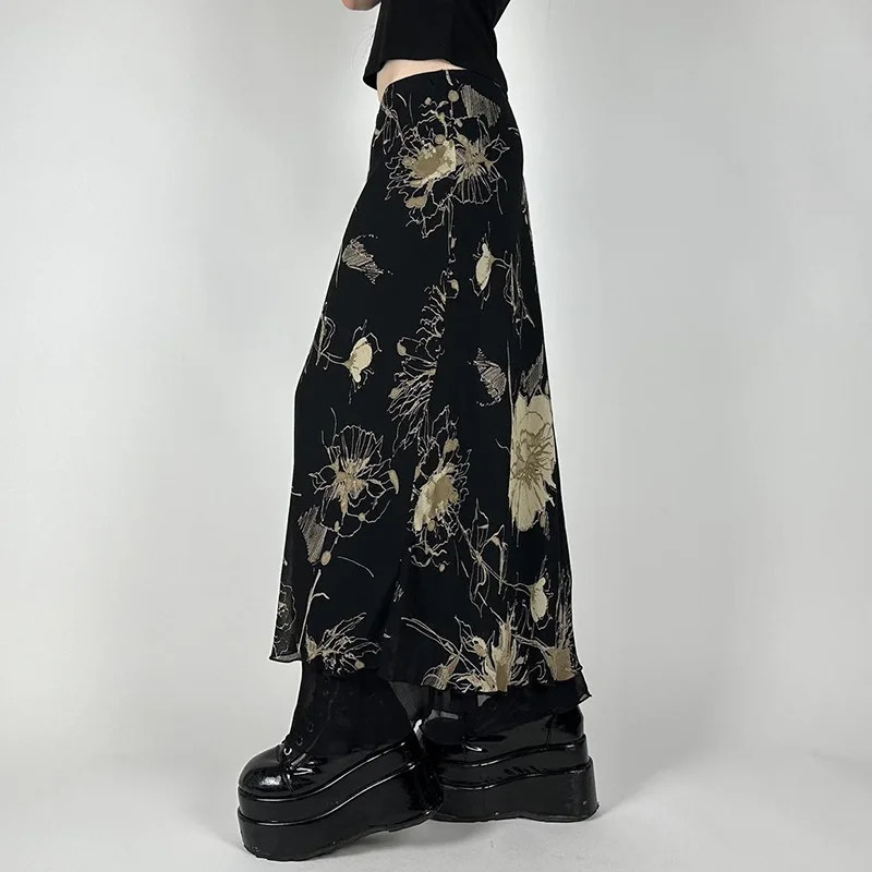 Goth Dark Y2K Aestheics Double Layer Mesh A-line Skirt Women Fashion Florals Print Slim Skirts Fairy Streetwear Gothic Bottoms 250517