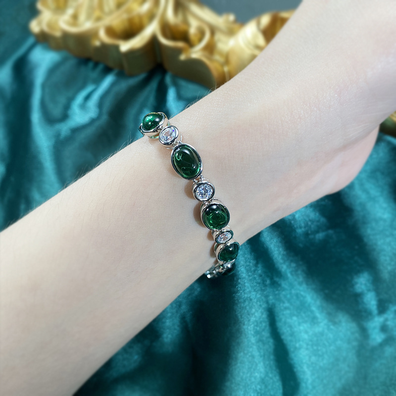New 925 Sterling Silver Imitation Emerald 6x8mm Chalcedony Zircon Bracelet, Classic Stylish Elegant Jewelry for Daily Wear