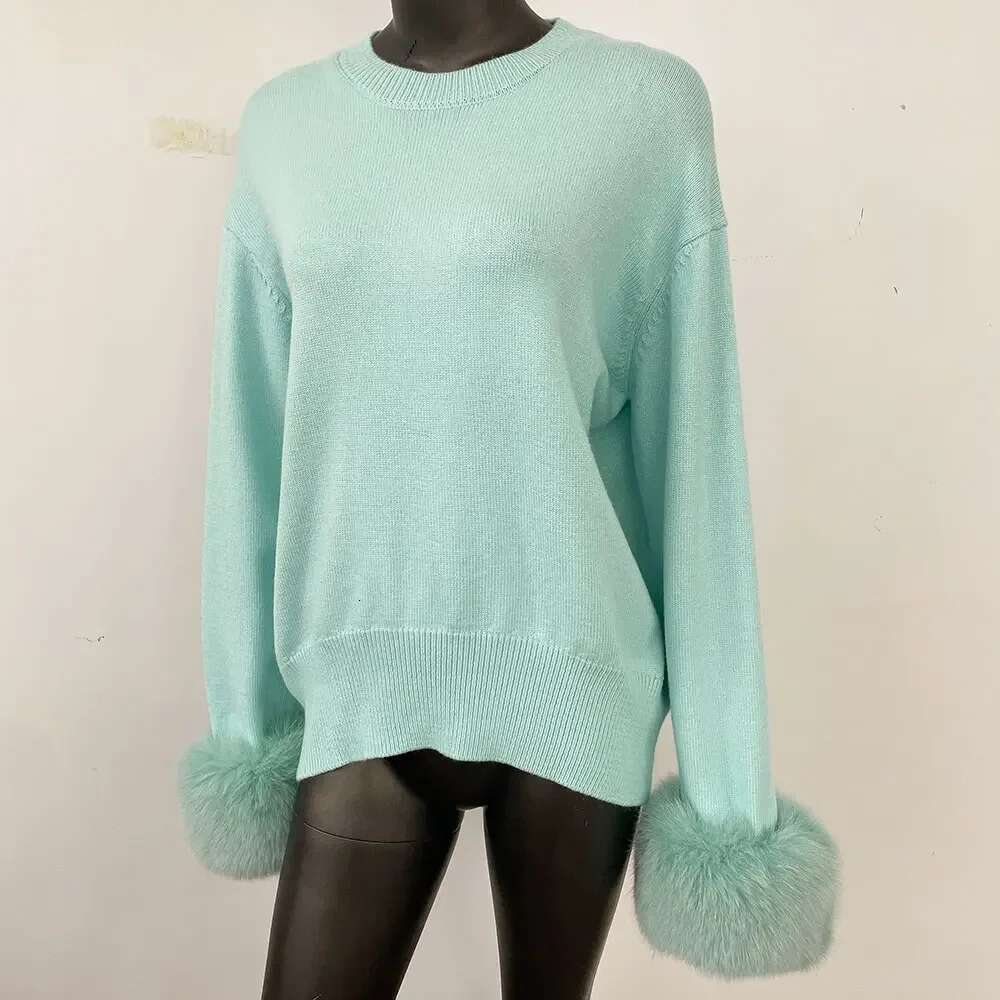 OFTBUY European American New Autumn Winter Knitted O-Neck Loose Solid Color Detachable Real Fox Fur Cuff Sweater 250520