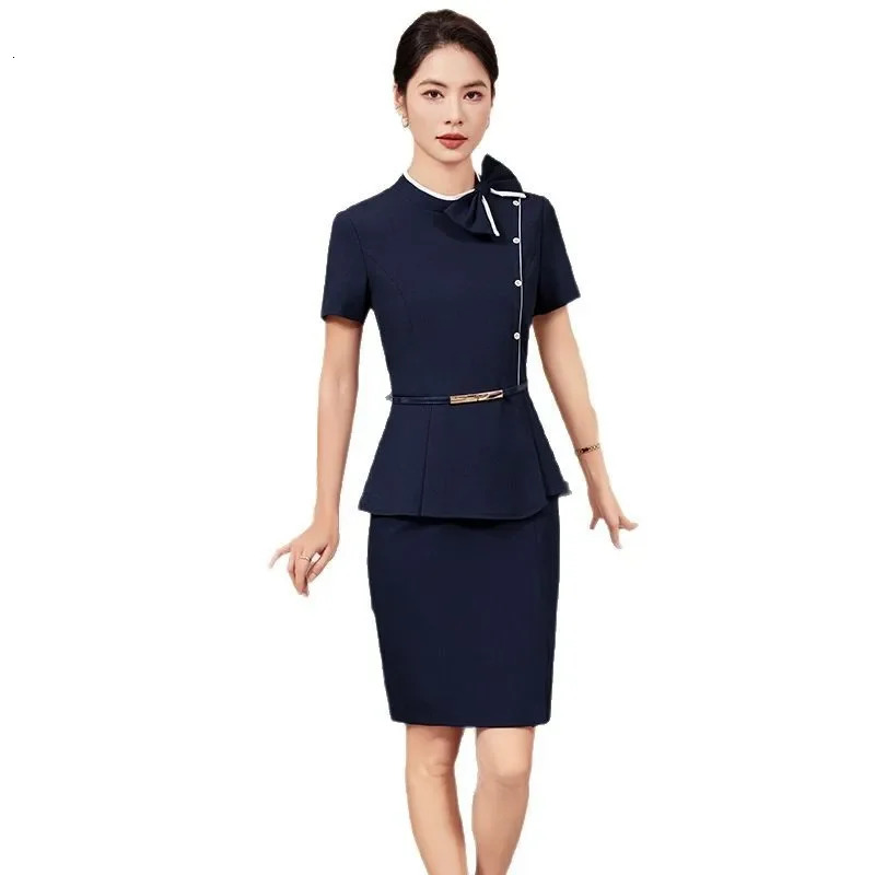 Gray Short Sleeve Womens Skirt Suit Professional Summer Fashionable Front Desk Service Uniform el Front Office Workwear 250519