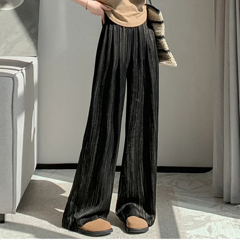 2025 Summer Vintage Ice Silk Satin Ink Printed Wide Leg Pant for Women High Waist Casual Loose Straight Full Length Trousers 250517