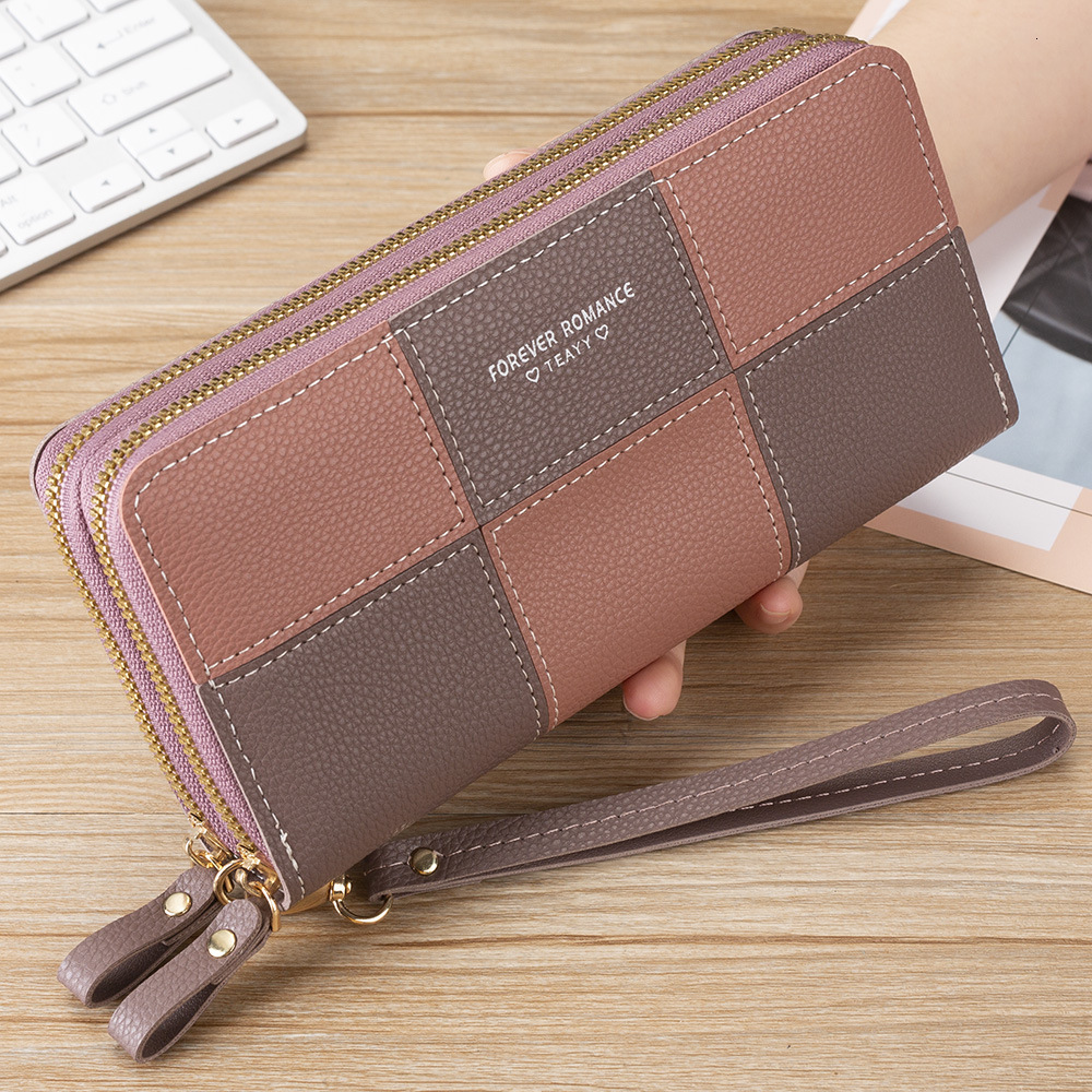 2025 Designer Fashion Casual Girls Long Handheld Three Color Spliced Simple Zipper Phone Bag Wallet