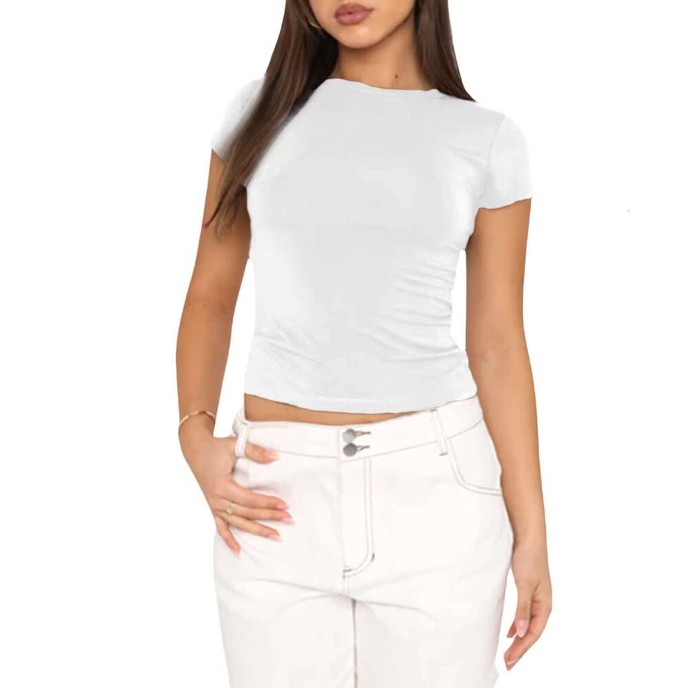 DHessentials New Solid Color Round Neck Women's Short Cotton T-shirt Casual Girls' Half Sleeved Bottom Shirt, Used For Hair Replacement