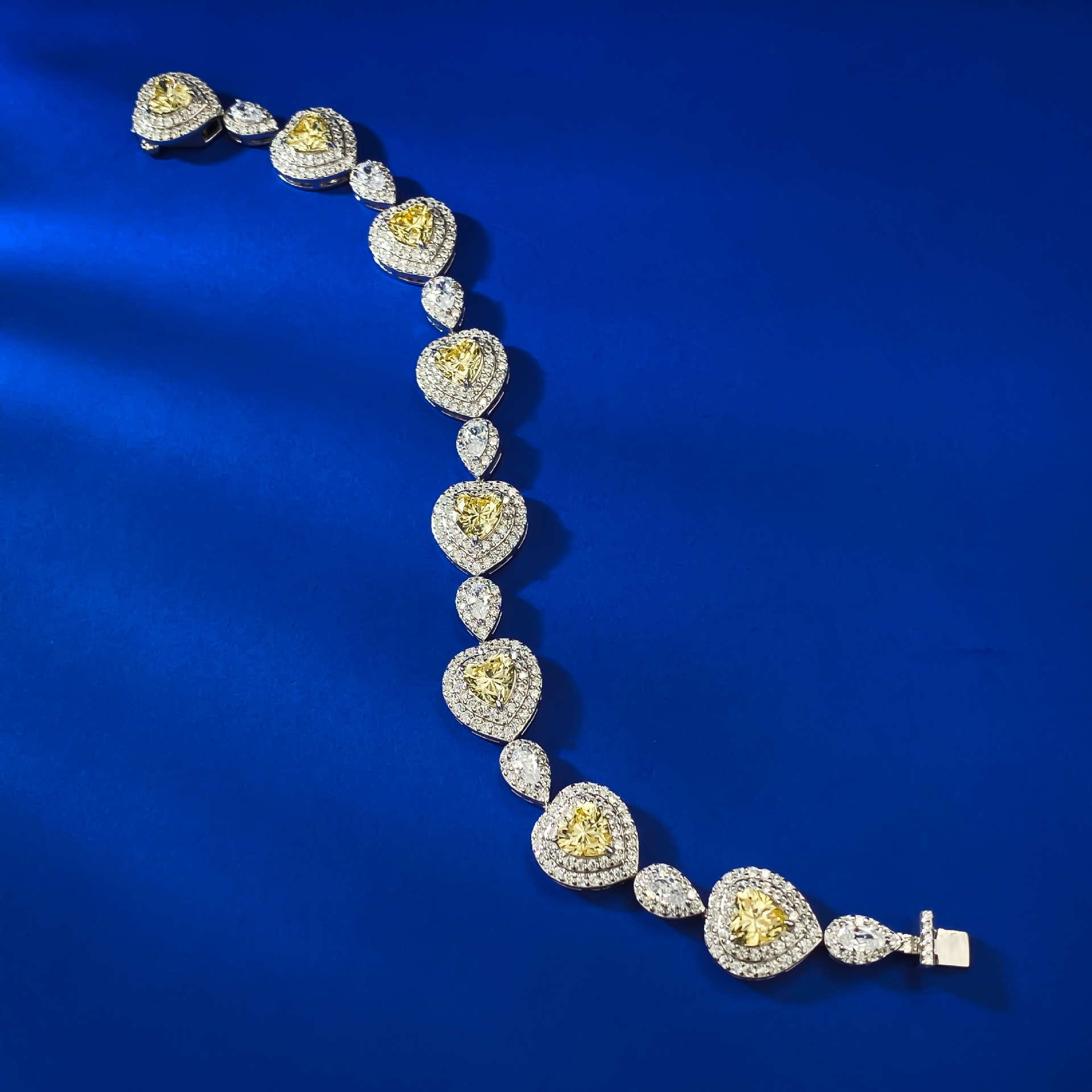 S925 Silver Heart-Shaped Yellow Diamond Bracelet for Women, Full Diamond Luxury Design, Elegant Gift for Her