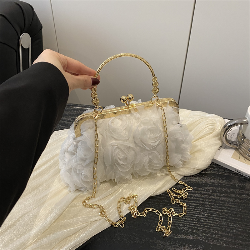 Free Delivery Designer Bag Chiffon 3D Flower Banquet Champagne Women's Cheongsam Handmade Dress Chain Decorative Bag Hand Luxury Bag