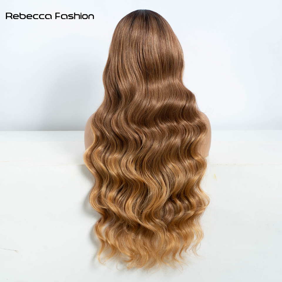 Rebecca Fashion Synthetic Front For Women 30" Long Body Wave Lace Wig Ombre Blonde Highlight Cosplay Wigs Heat Resistant