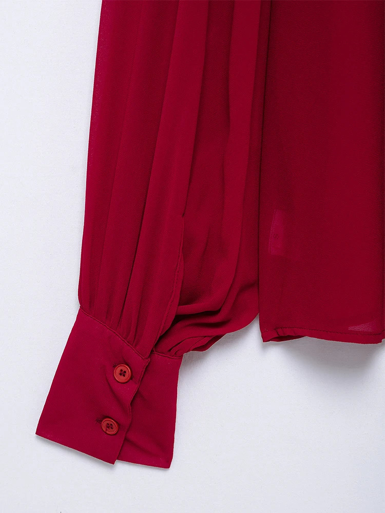TFMLN 2025 Women Solid Bow Collar Blouses Office Ladies Thin Translucent Red Tops High Street Loose Sweet Girls Shirt 250516Z