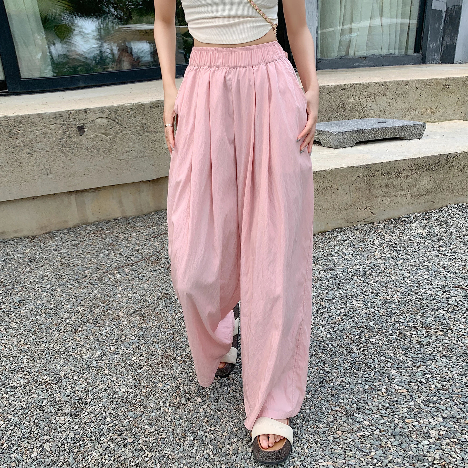 Seoulish Ice Silk Pleated Womens Trousers Summer High Waist Draping Casual Loose Full Length Wide Leg Pants Female 250517
