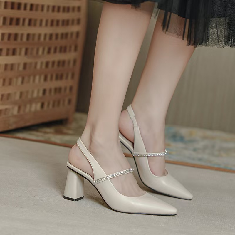 Summer/Spring 2023 Pointed Toe Chunky Heel Sandals Solid Elegant High Heels Sheepskin Women Party Shoes 262f s