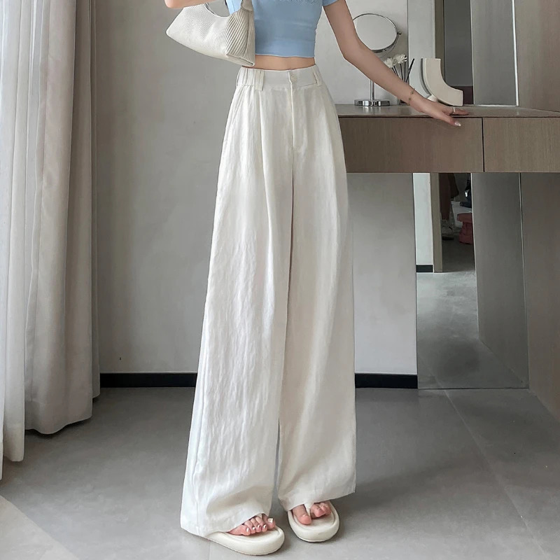 2025 Summer Cotton and Linen Womens Wide Leg Pants Solid Ice Silk High Waist Straight Casual Loose Suit Trousers Female 250517