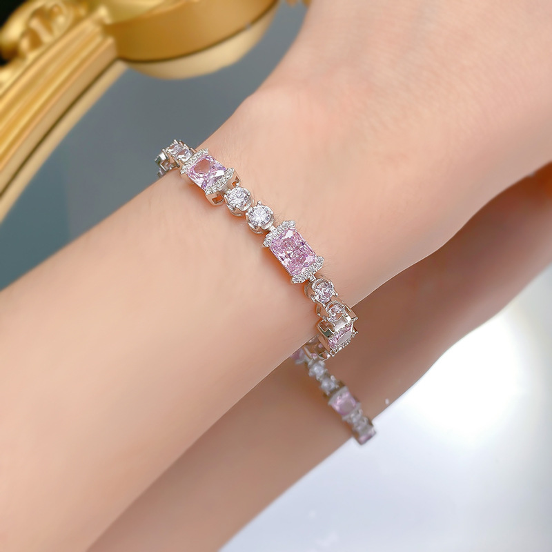 New S925 Sterling Silver Pink Diamond Bracelet 6x8mm Ice-Cut Zirconia Full Diamond Luxury Minimalist Elegant Women's Jewelry