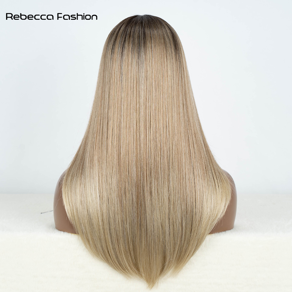 Rebecca Fashion Synthetic Front Wigs For Women Straight 22 inches Bob Ombre Brown Blonde White Lace Easy Wear Cosplay Wig