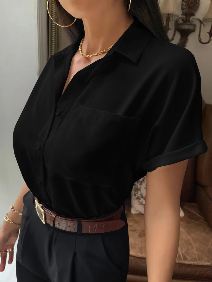 springsummer casual womens black shortsleeved shirt 250516Z