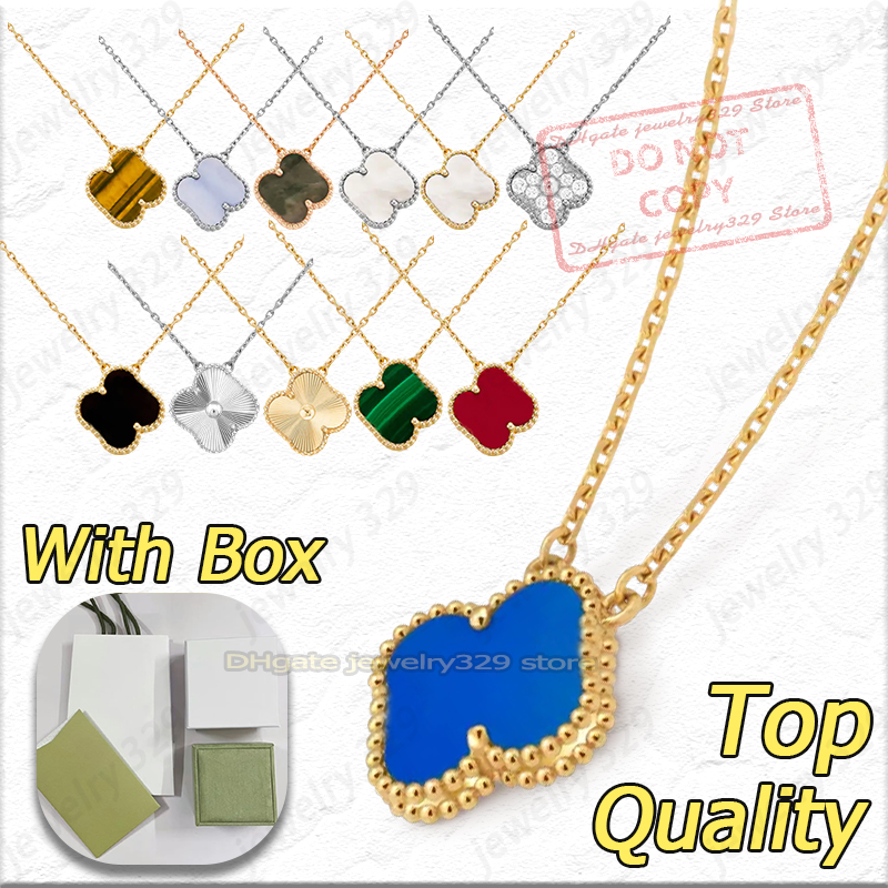 Luxury Jewelry Necklace Designer Jewelry For Women Top Quality Four Leaf Clover Charm Blue Agate Necklaces Designer 18K Gold Chain Women Valentines Day Gift With Box
