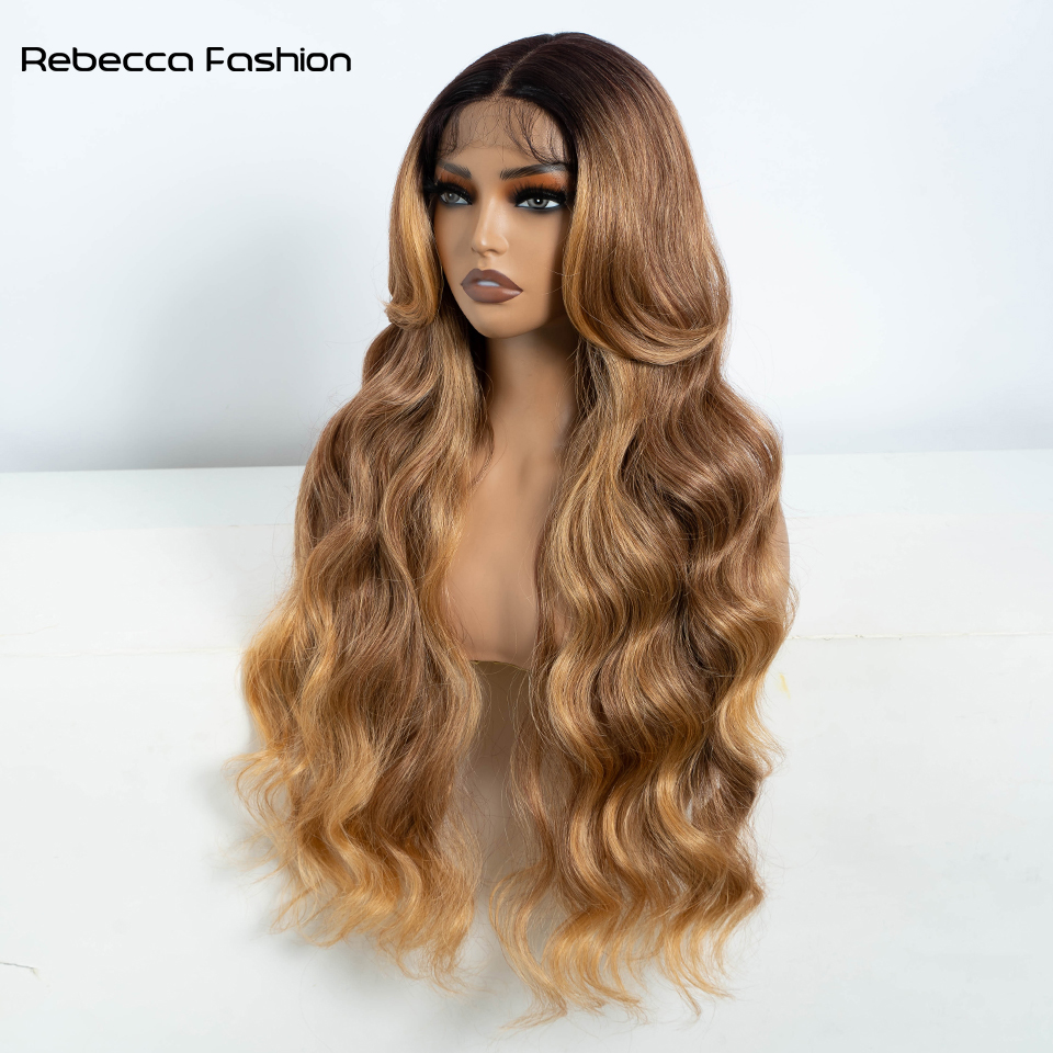 Rebecca Fashion Synthetic Front For Women 30" Long Body Wave Lace Wig Ombre Blonde Highlight Cosplay Wigs Heat Resistant