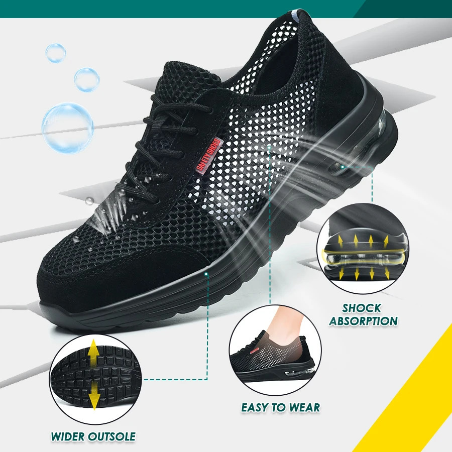 Mens Summer Steel Toe Safety Shoes Anti-Crush And Piercing Breathable Lightweight Outdoor Pure Black Shoes 250519