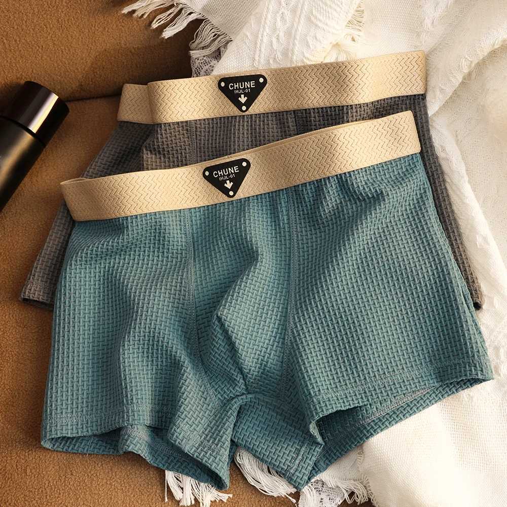 3PCS/Pack Smooth Ice Silk Plaid Mens Panties Soft Breathable Crotch Boxers Man Skin-friendly Underpants High Elastic Underwear J250516