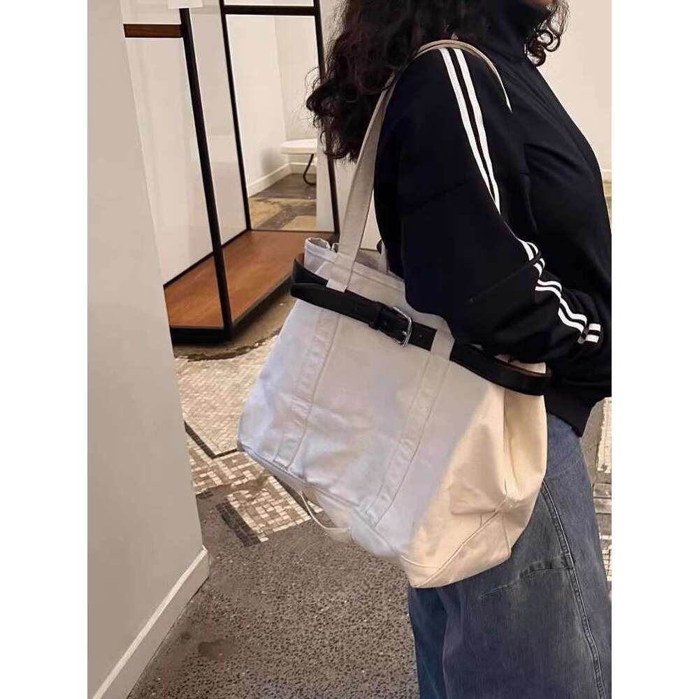 New Internet Celebrity Same Style Fashionable Versatile Splicing Canvas Casual Belt Tote Design Handheld Single Shoulder Bag