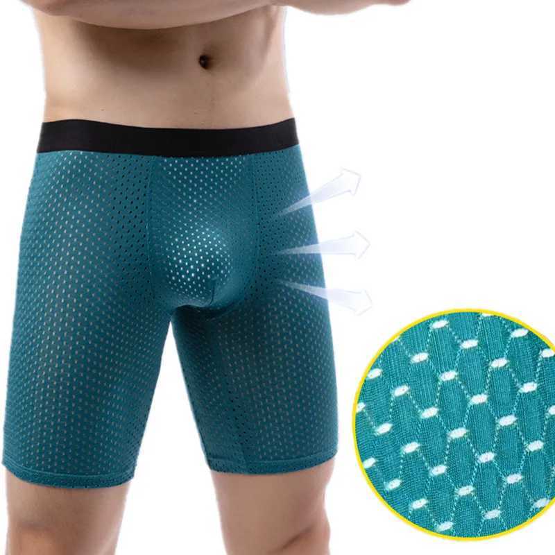 Mens Underwear Boxers Shorts Homme Breathable Ice Silk Mesh Panites Mens Solid U Convex Pouch On Leg Underpant Cueca Calzoncillo J250516