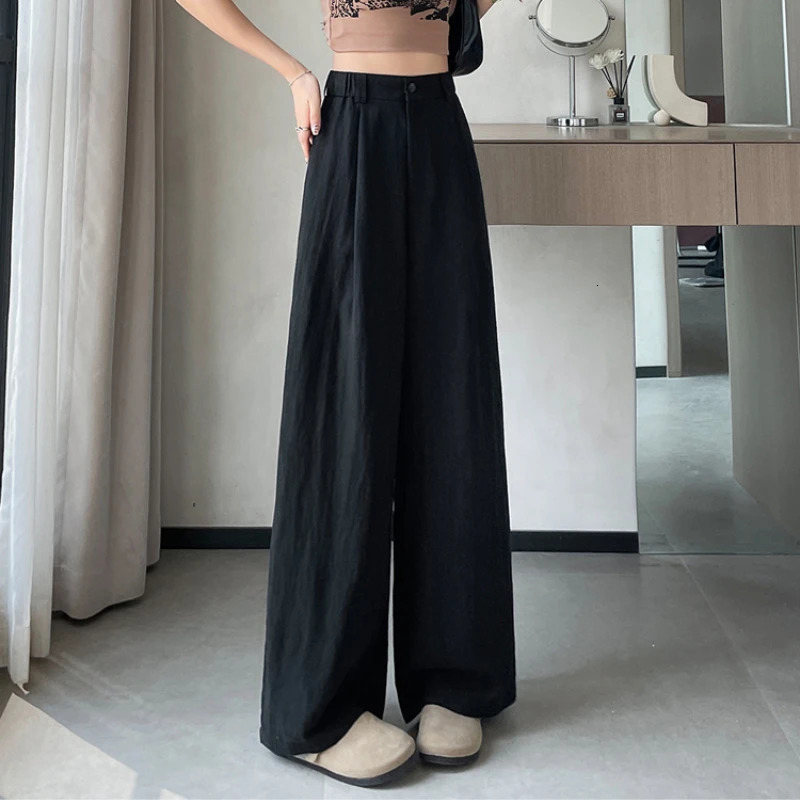 2025 Summer Cotton and Linen Womens Wide Leg Pants Solid Ice Silk High Waist Straight Casual Loose Suit Trousers Female 250517