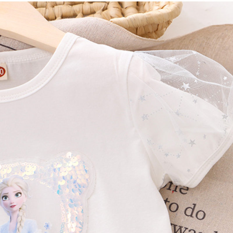 DISNEY infant designer clothes kids designer clothes Frozen Elsa princess short-sleeved puffy-sleeve T-shirt with shiny sequins on top.