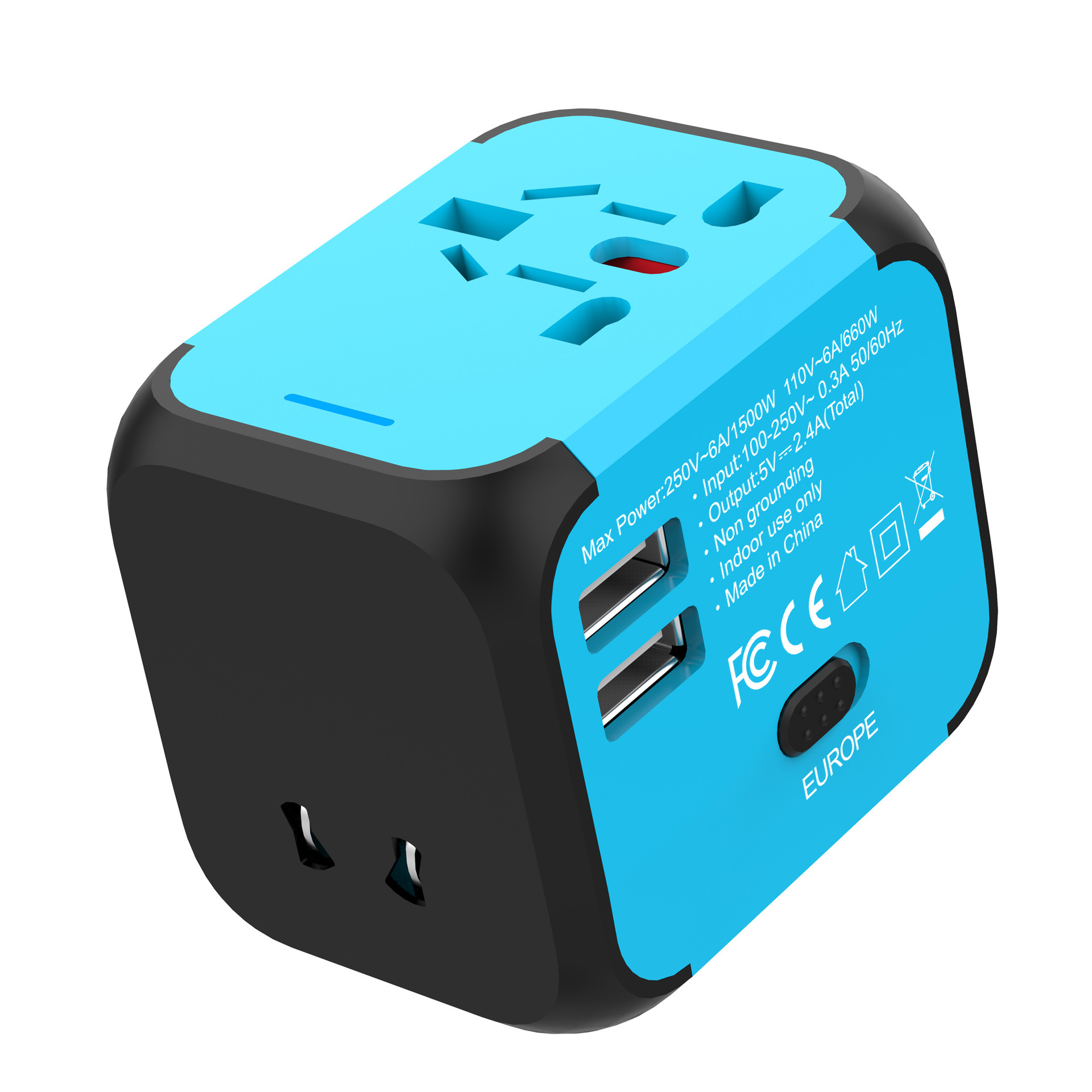 All-in-One Universal Travel Adapter with 2 USB Ports, Worldwide US/AU/UK/EU Plugs, Dual Fuse Safety & Fireproof Design - Compact 100-250V Charger for 