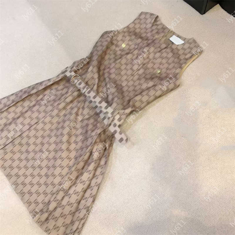 Designer Cocktail Vintage Dress with Logo Print Summer Elegant Round Neck Sleeveless Mini Dress Classic Above-Knee Length with Adjustable Belt for Retro Party Wear