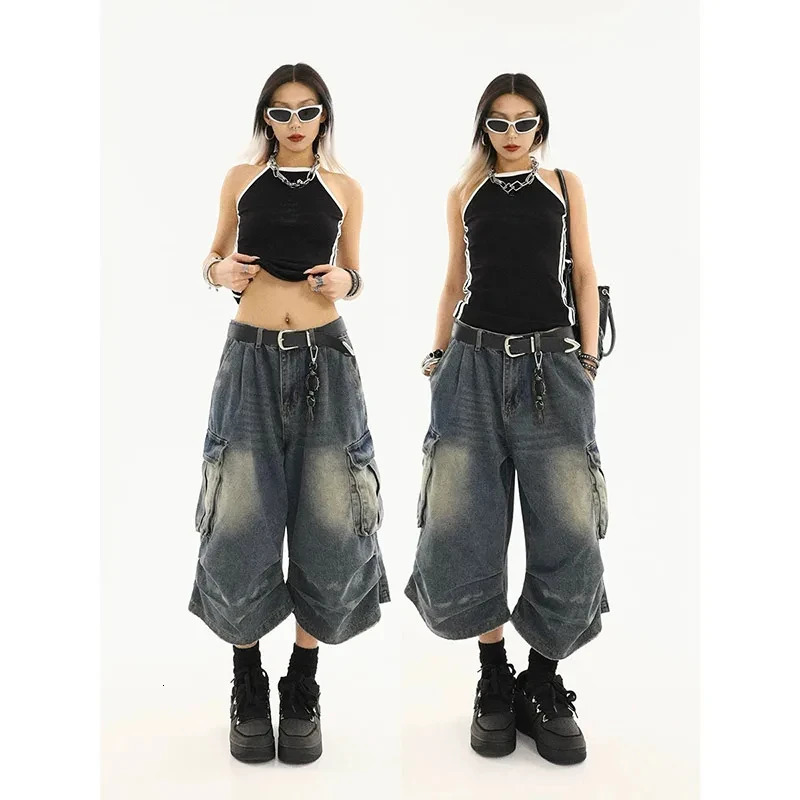 2025 Y2k Retro Women Low Rise Jorts Brushed Black Wash Cropped Baggy Jeans Wide Leg Frayed Denim Short Pants Acubi Fashion 250517