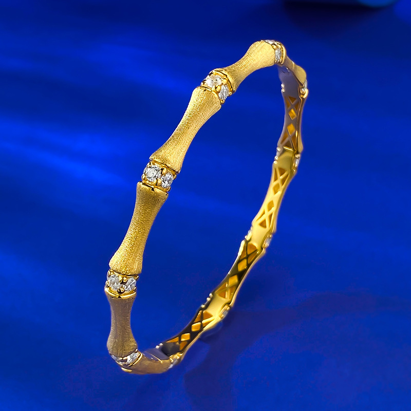 New S925 Sterling Silver Italian Vintage Handmade Brushed Bamboo Bracelet with Zirconia Accent, Adjustable Elegant Bamboo Style Bangle