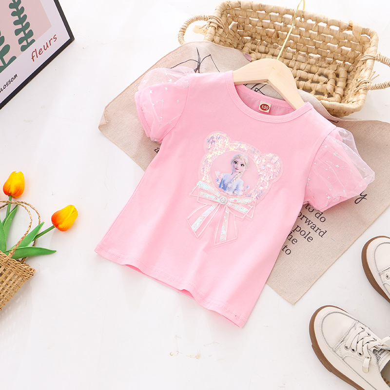 DISNEY infant designer clothes kids designer clothes Frozen Elsa princess short-sleeved puffy-sleeve T-shirt with shiny sequins on top.