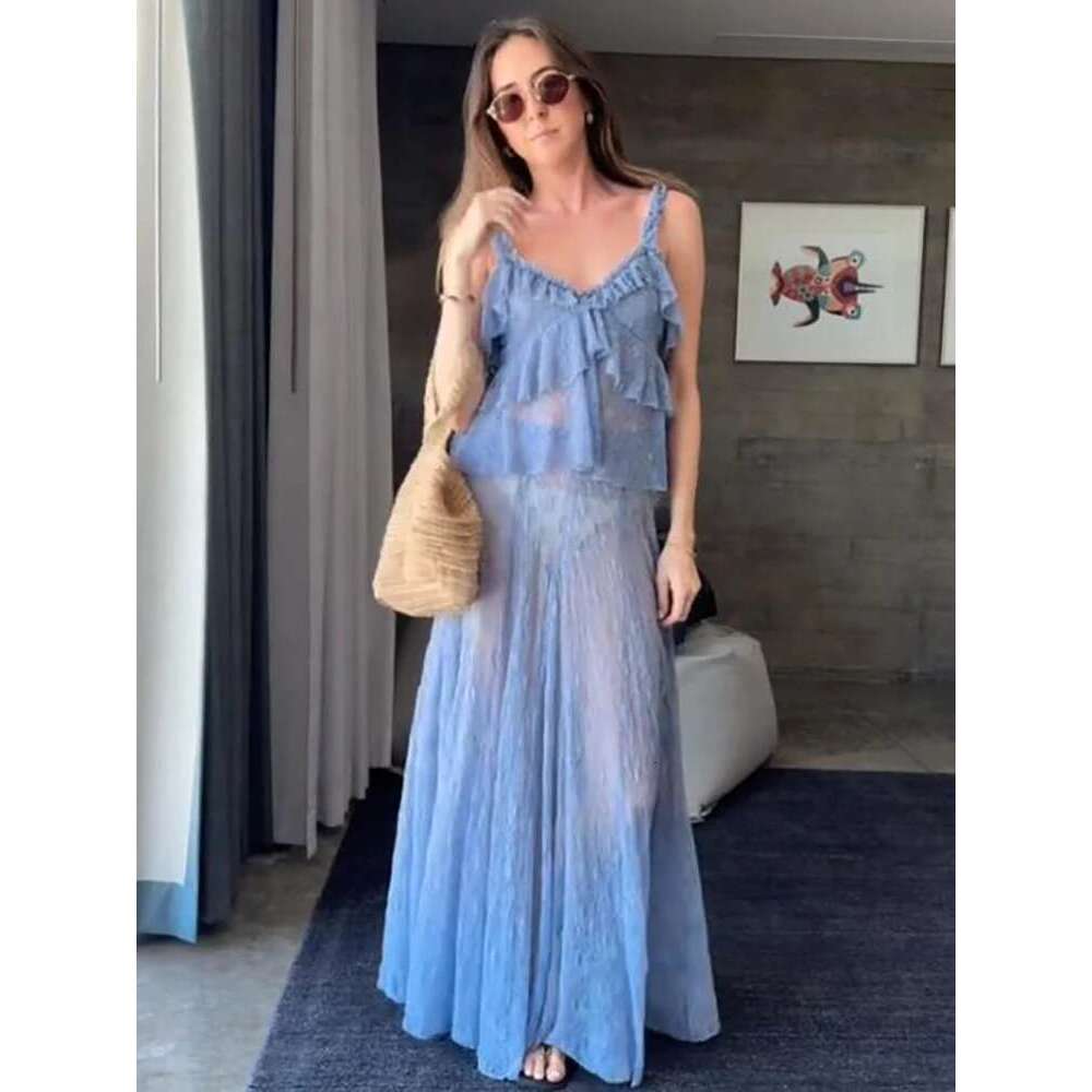 Yaphleet Vintage Women Sexy Hazy Lace Skirts 2025 Fashion Ladies Ruffles Two Piece Set For Holiday Female Chic Clothes