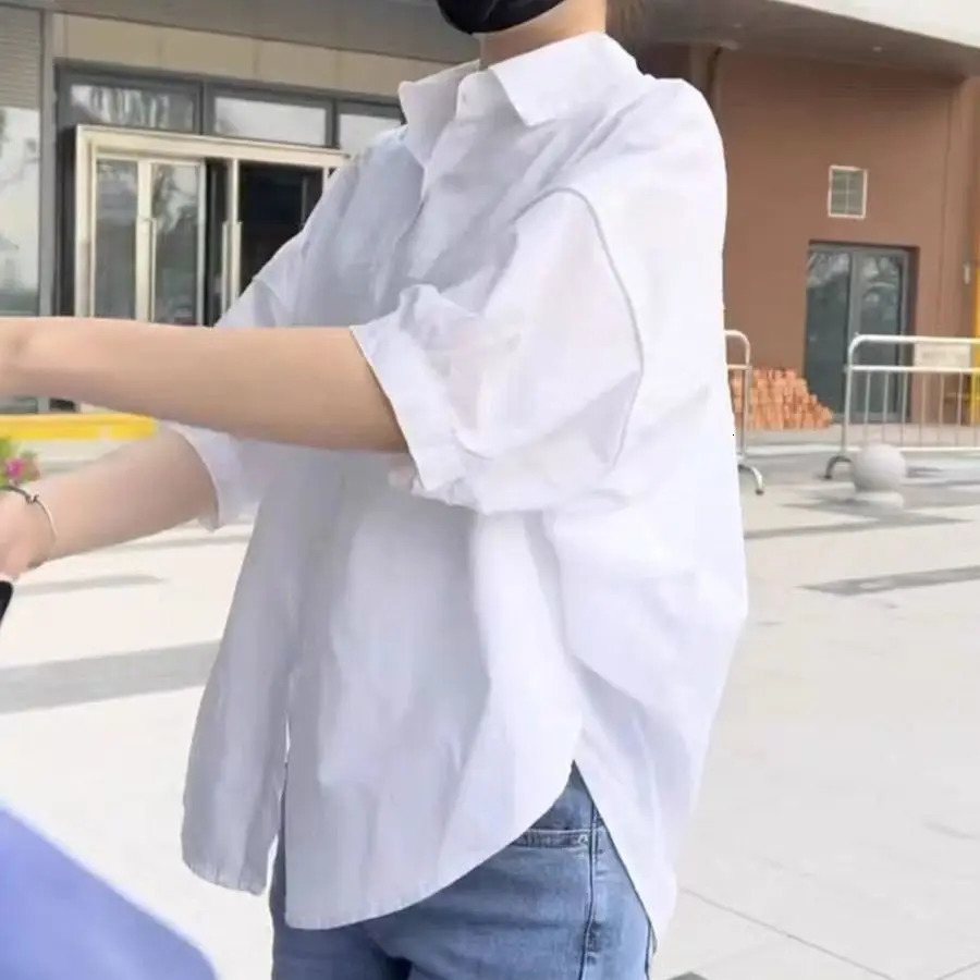 Cotton Midsleeve Thin Woman Blous Shir 2025 Summer Loose Fashion Irregular Shirt Casual Vacation Top Korean Womens Clothes 250516Z