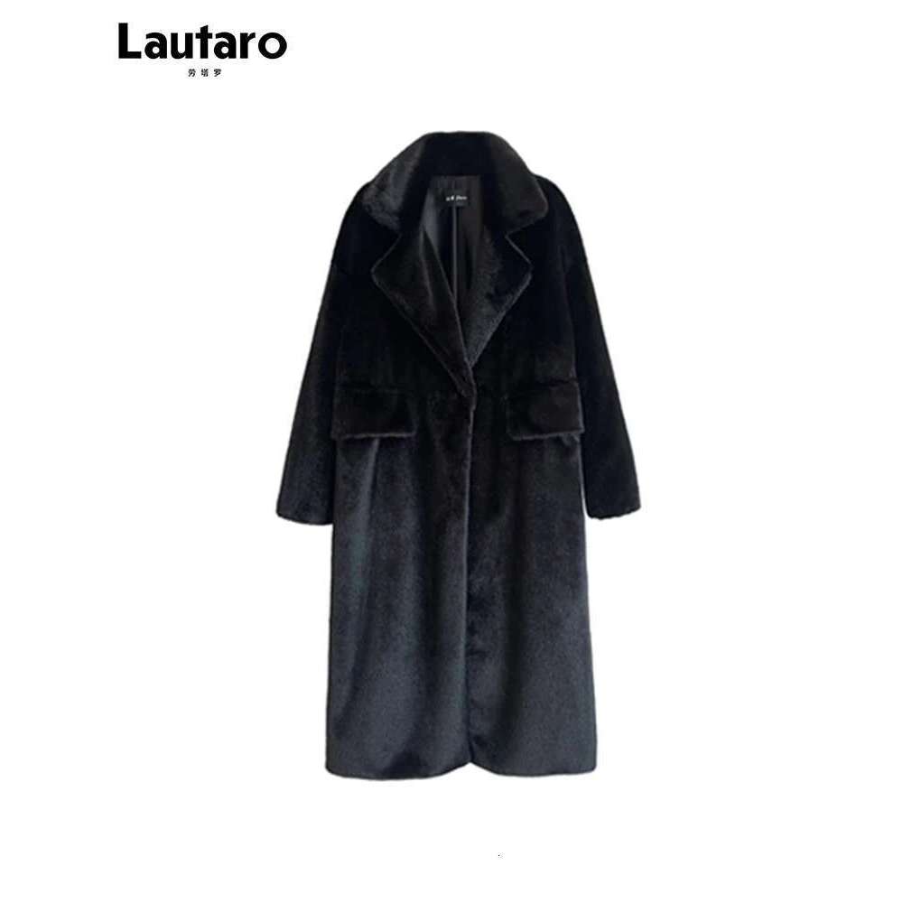 Lautaro Autumn Winter Long Loose Casual White Black Soft Thick Warm Faux Mink Fur Coat Women Fluffy Furry Overcoat 2023