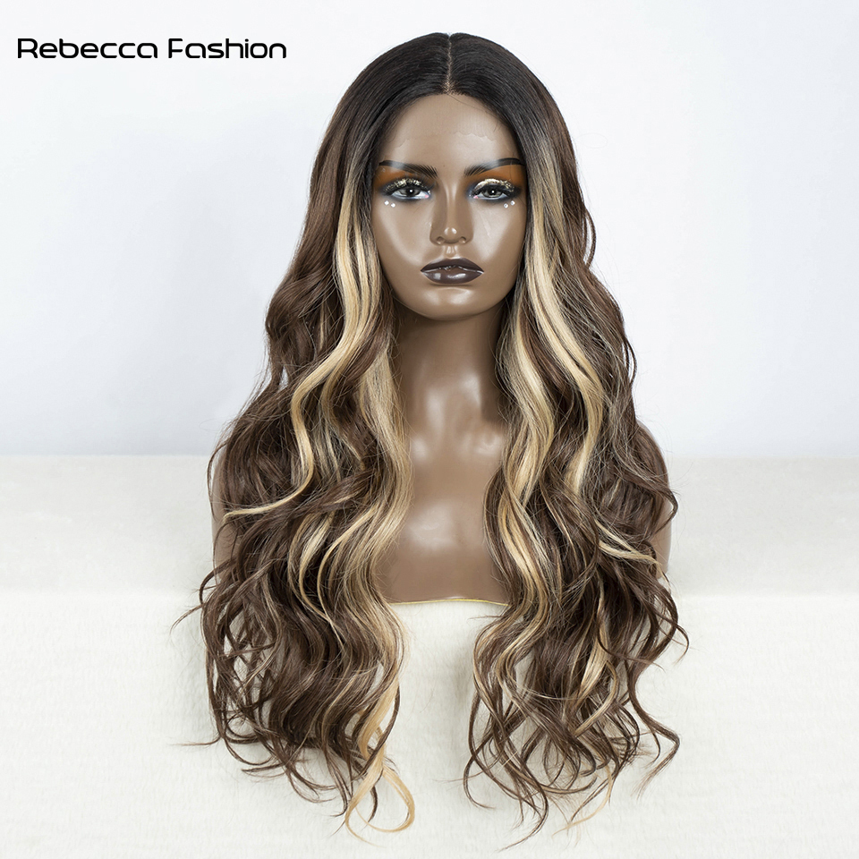Rebecca Fashion 30 Inch Body Wavy Long T Part Lace Dark Brown Ombre Blonde Cosplay Front Wig for Women