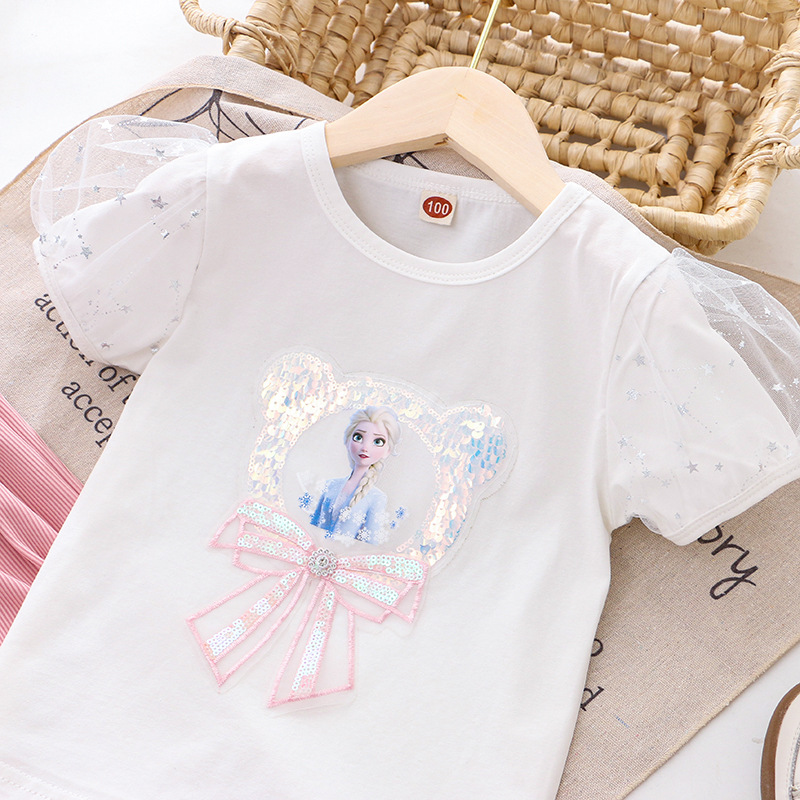 DISNEY infant designer clothes kids designer clothes Frozen Elsa princess short-sleeved puffy-sleeve T-shirt with shiny sequins on top.
